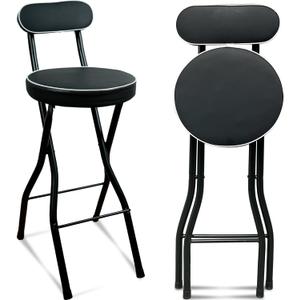 UWEAR Folding Bar Stool with Back,1 PCS Tall Foldable Stool Leather Padded Portable Stools Counter Height Foldable Stools Chairs Collapsible Stool for Adults Kitchen Island (Black)