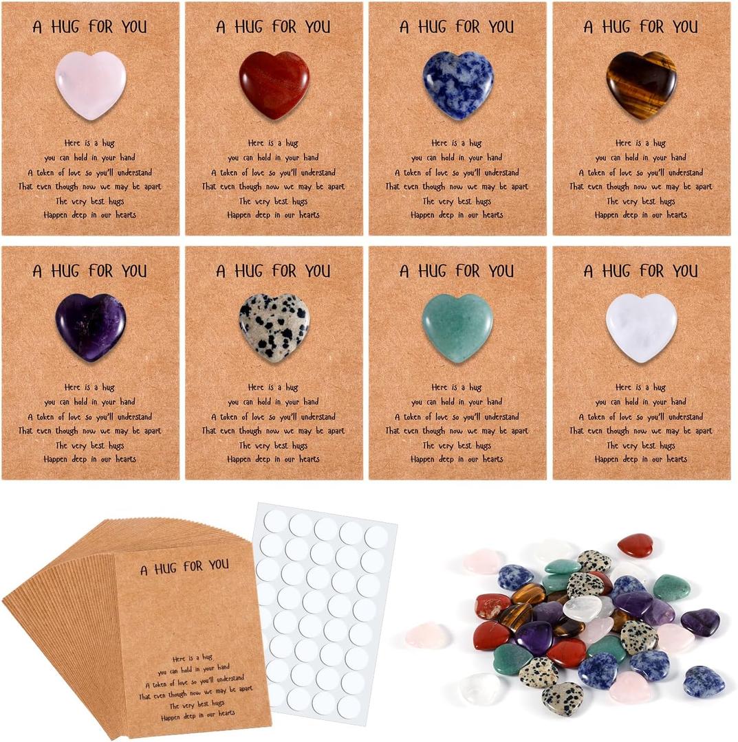 40 Sets Pocket Hug Tokens with Hug Cards, Heart Shaped Natural Stones Bulk Greeting Card Holiday Exchange Gift Souvenir for Family Friend Colleague Social Farewell Inspirational Gift (Multi-Color)