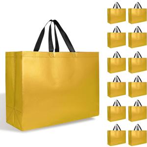 【12-Pack Golden】Reusable Gift Bags with Handles, Bulk Goodie Bags for Easter, Baby Shower, Birthday, Party Favors, Wedding, Holiday Goodie | 16x6x12 Inches | 12 Premium Golden Bag | Eco-Friendly