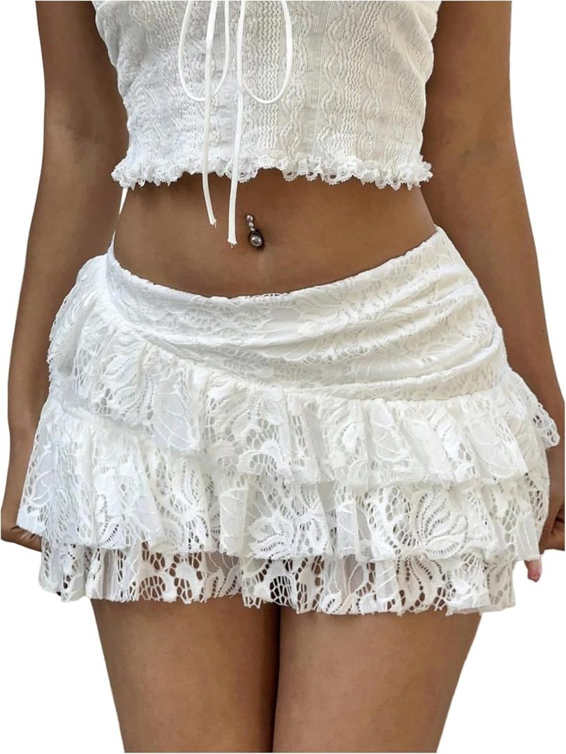 GORGLITTER Women's Ruffle Lace Sheer Mini Skirt Hollow Out Y2k Tiered Coquette Short Skirts (Medium, White)