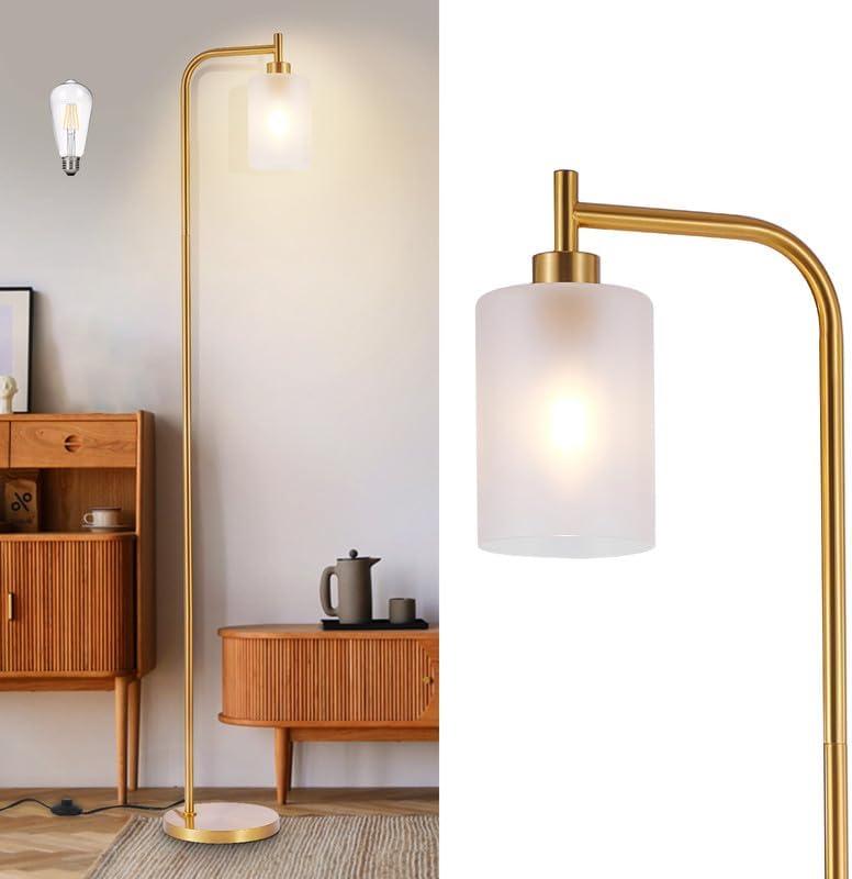 DLLT Floor Lamp Tall for Room: Gold Standing Lamp with Frosted Glass Lampshade for Living Room - Modern Bright Lamp for Bedroom - Industrial Corner Floor Lamps for Office 8W Led Bulb Included