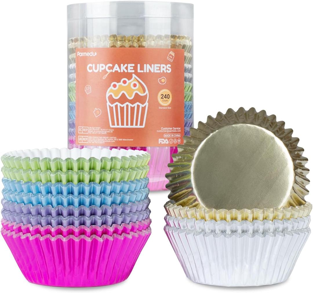 240pcs Metallic Foil Cupcake Liners - Standard Size 2 Inches Paper Muffin Liners, Thick & Sturdy - 6 Colors Baking Cups Cupcake Wrappers, Model BK006