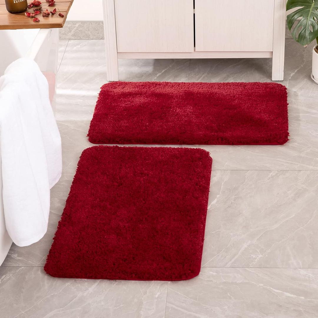 MIULEE Christmas Red Set of 2 Non Slip Shaggy Bathroom Rugs Extra Thick Soft Bath Mats Plush Microfiber Absorbent Water for Tub Shower Machine Washable (16x24 inches)