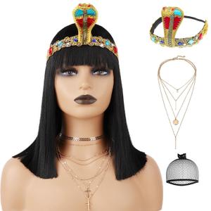 14 inch Black Straight Bob Wig with Bangs + Snake Headpiece + Necklace Short Black Bob Wigs for Women Costume Heat Resistant Synthetic Bangs Wig for Halloween Cosplay Daily Use(4 Pcs Set)