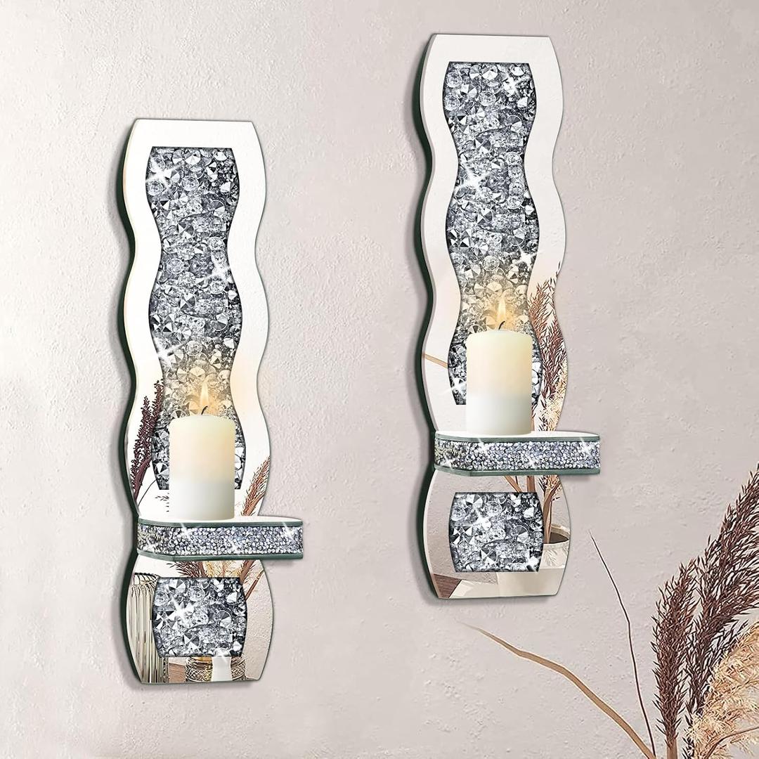 Crystal Crush Diamond Candle Holder Set of 2, Wavy Silver Mirrored Wall Candle Sconces, Wall Decorations for Living Room, Dining Room, Bedroom (Silver (Style 1))
