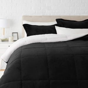 Amazon Basics 3-Piece Micromink Sherpa Down Alternative Comforter Bedding Set, Ultra-Soft, Warm All Season, Machine Washable, King, Black, Solid