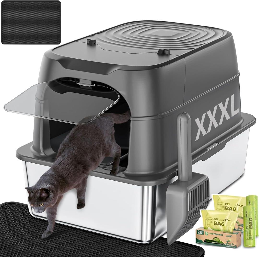 XXXL Jumbo Stainless Steel Litter Box with Lid, 26" L x 18" W x 17" H Extra Large Stainless Steel Litter Box, 400 Count Cat Poop Bags + Cat Litter Mat,Non-Sticky, Anti-Leakage, Easy to Clean (Dark Gray)