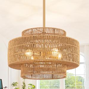 Large Boho Chandeliers for Dining Room, 4-Light Rattan Hand-Woven Rustic Chandelier Light Fixtures, 17.7" Farmhouse Hanging Pendant Lighting for Kitchen Island, Bedroom, Living Room, 17.7in
