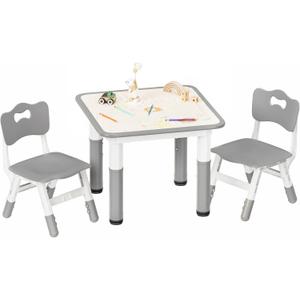 Kids Table and 2 Chairs Set, Height Adjustable Toddler Table and Chair Set, 23.6" L x 23.6" W Children Multi-Activity Table for Ages 2-8, Graffiti Desktop, Daycare, Classroom, Home (Grey)