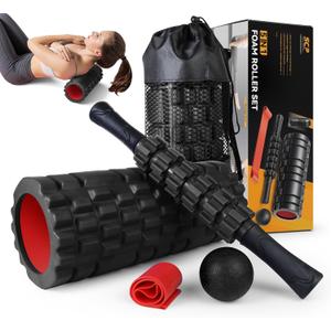 5 in1 Foam Roller Set, Trigger Point Foam Roller, Massage Roller Stick, Massage Ball, Resistance Band for Deep Muscle Massage Pilates Yoga,Fitness Exercise for Whole Body (Black-Red)