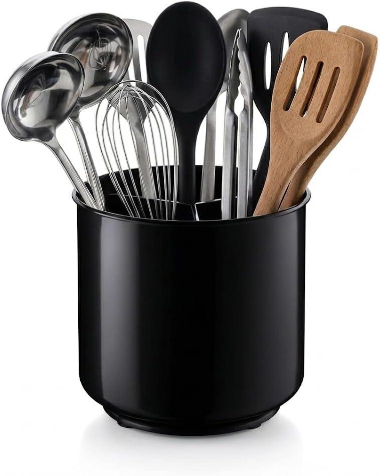 Cooler Kitchen Jumbo Extra Large Sturdy Rotating Black Utensil Holder Caddy with No-Tip Weighted Base, and Gripped Insert - Rust Proof and Dishwasher Safe Kitchen Utensils Holder