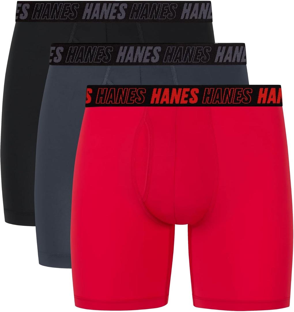 Hanes Men's Moves Anti-Chafe Undewear Boxer Briefs Pack, Total Support Pouch, Cooling (Trunks Avail) (Red/Grey/Black)