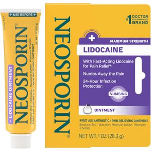 Neosporin + Lidocaine First Aid Triple Antibiotic Ointment, Fast-Acting, Maximum Strength Topical Pain Relief, 24-Hour Infection Protection that Numbs Away the Pain for Minor Wound Care, 1 oz