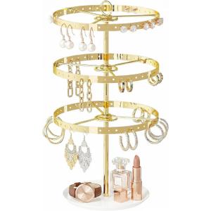 Rotating Earring Holder Organizer,Large and Small Stud Earring Display Tree Stand for Girls Womenm,3 Tiers Hanging Pierced Earring Rack for Selling,Jewelry Storage Stand for Vendors (Golden)