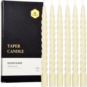 Natural Beeswax Spiral Taper Candles Pack of 6, Organic Dripless Long Candle Sticks for Dinner Wedding Party Christmas Home Decorations - 10 Inch Tall - Off White