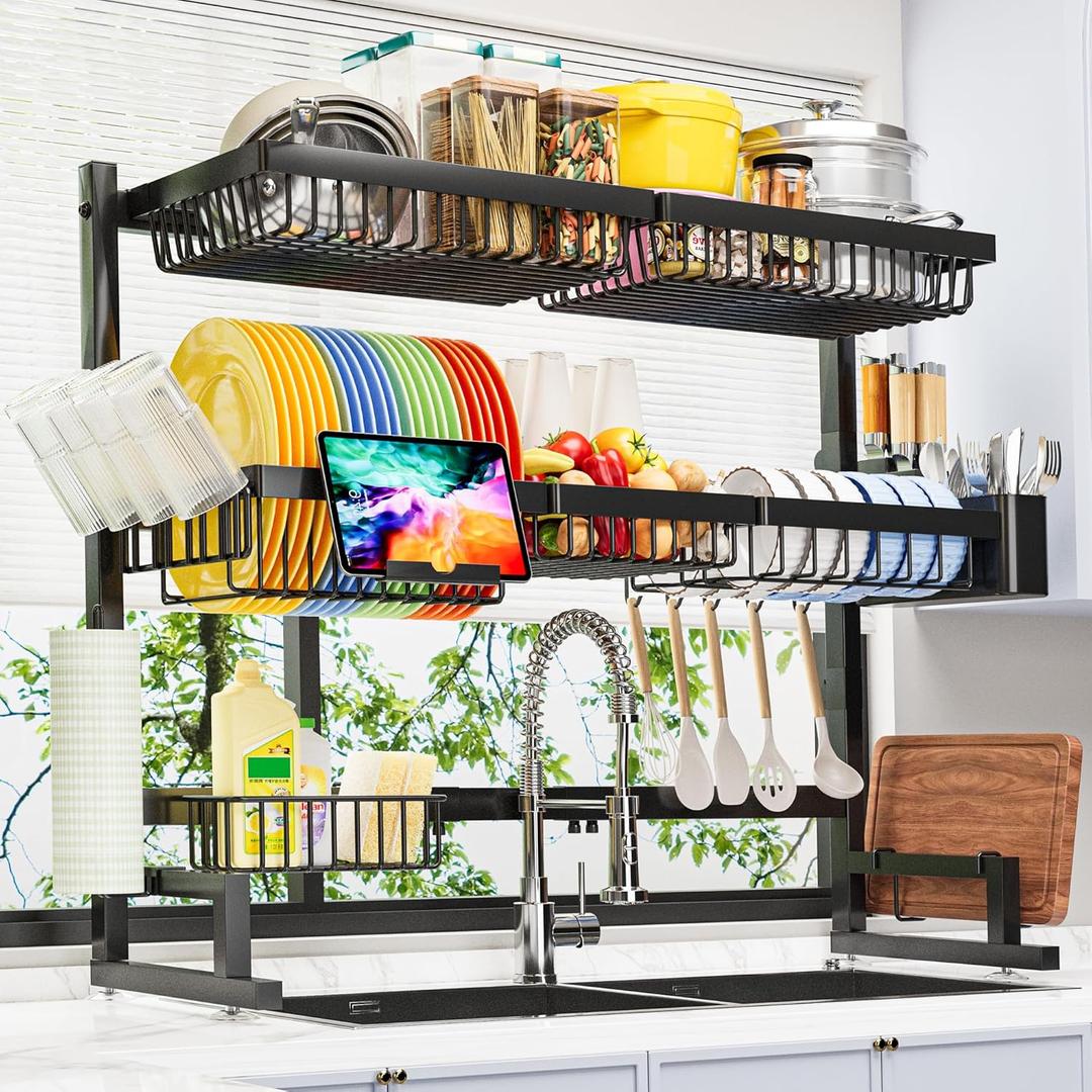 ADBIU Over The Sink Dish Drying Rack (Expandable Height and Length) Snap-On Design 2 Tier Large Dish Rack 31-39.4L x 12W x 34-38H inches (Black)