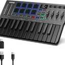 USB MIDI Keyboard Controller, 25 Key Portable MIDI with 8 Backlit Drum, OLED Screen Display for PC/MAC, Music Production Software Included, Donner DMK25 Pros with 40 Free Courses, Black