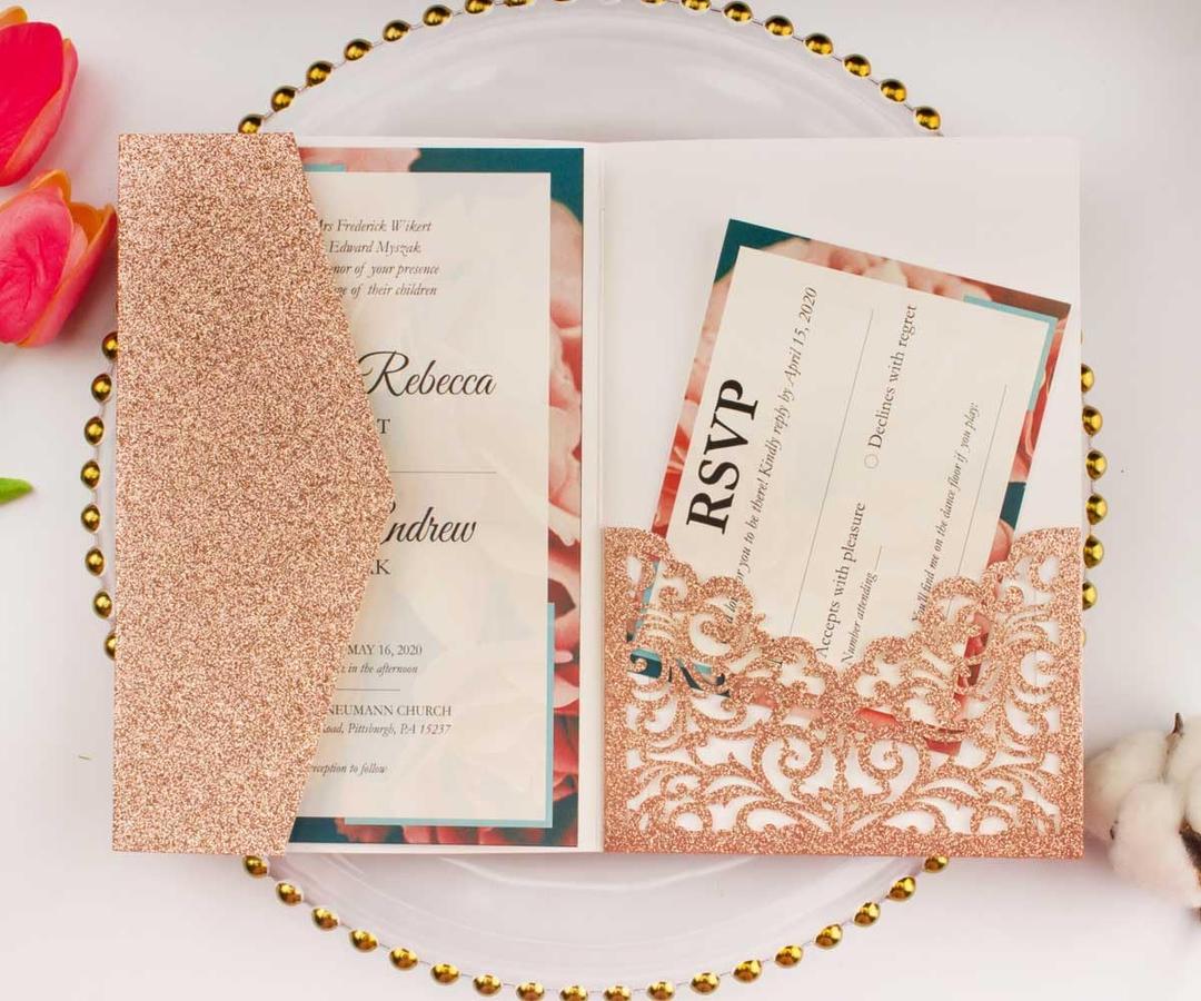 25 set 5"x7.28" Rose Gold Glitter Vine Tri Fold Pocketfold Wedding Invitations Cards Laser Cut Hollow Greeting invites pockets with envelopes RSVP cards inserts (rose gold glitter)
