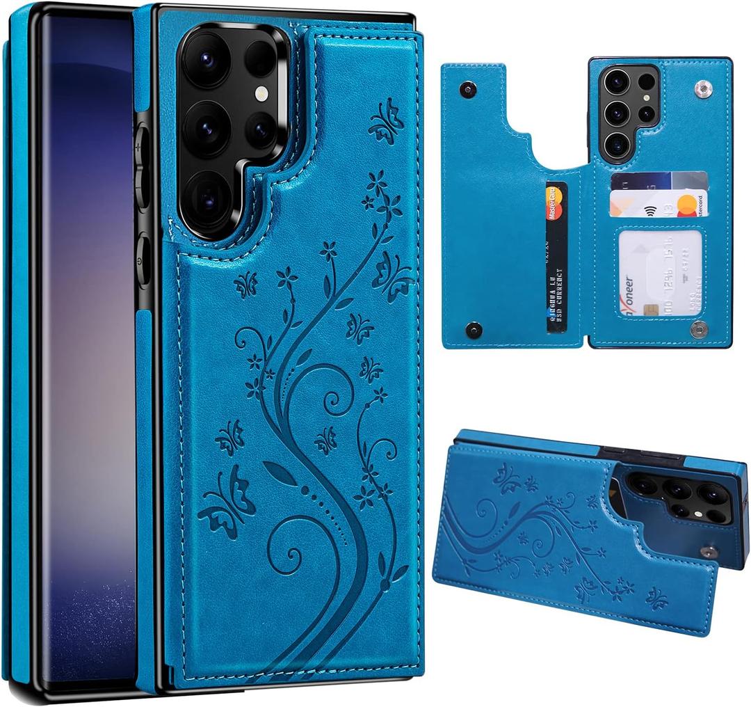 Korecase for Samsung Galaxy S25 Ultra Wallet Case with Card Holder,Flower Back Flip Protective Phone Case Cover for Samsung Galaxy S25 Ultra,Blue