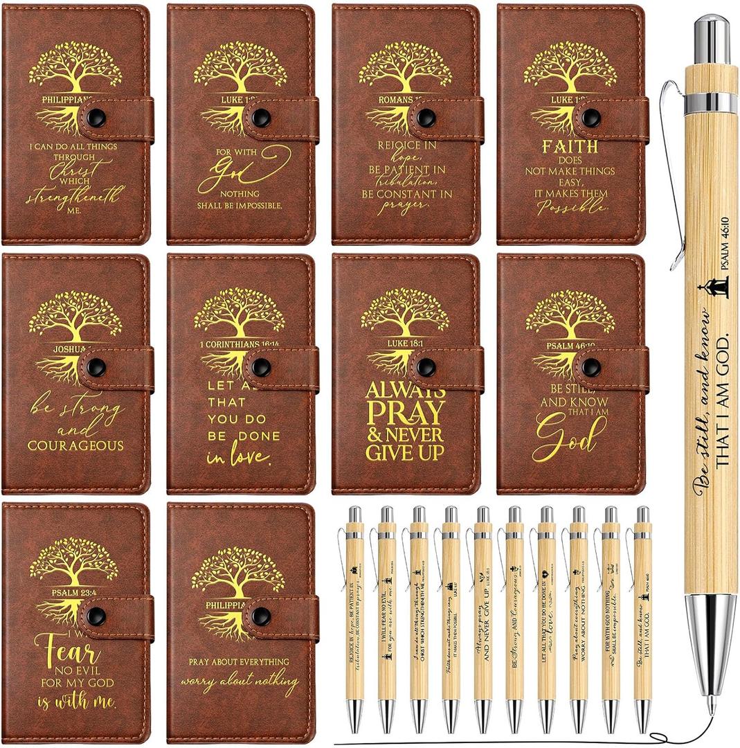 Spakon 20 Pcs Mother's Day Christian Gifts Bulk Leather Prayer Journal Religious Scripture Notebook with Bible Verse Pens for Graduation Coworker Women Men Church Members (English Tree of Life)