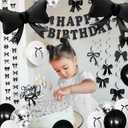 Black Bow Birthday Decorations Girls Bow Happy Birthday Banner Black White Balloon Coquette Decorations Hanging Swirls Garland Ribbon Party Decor Supplies for Girls Women