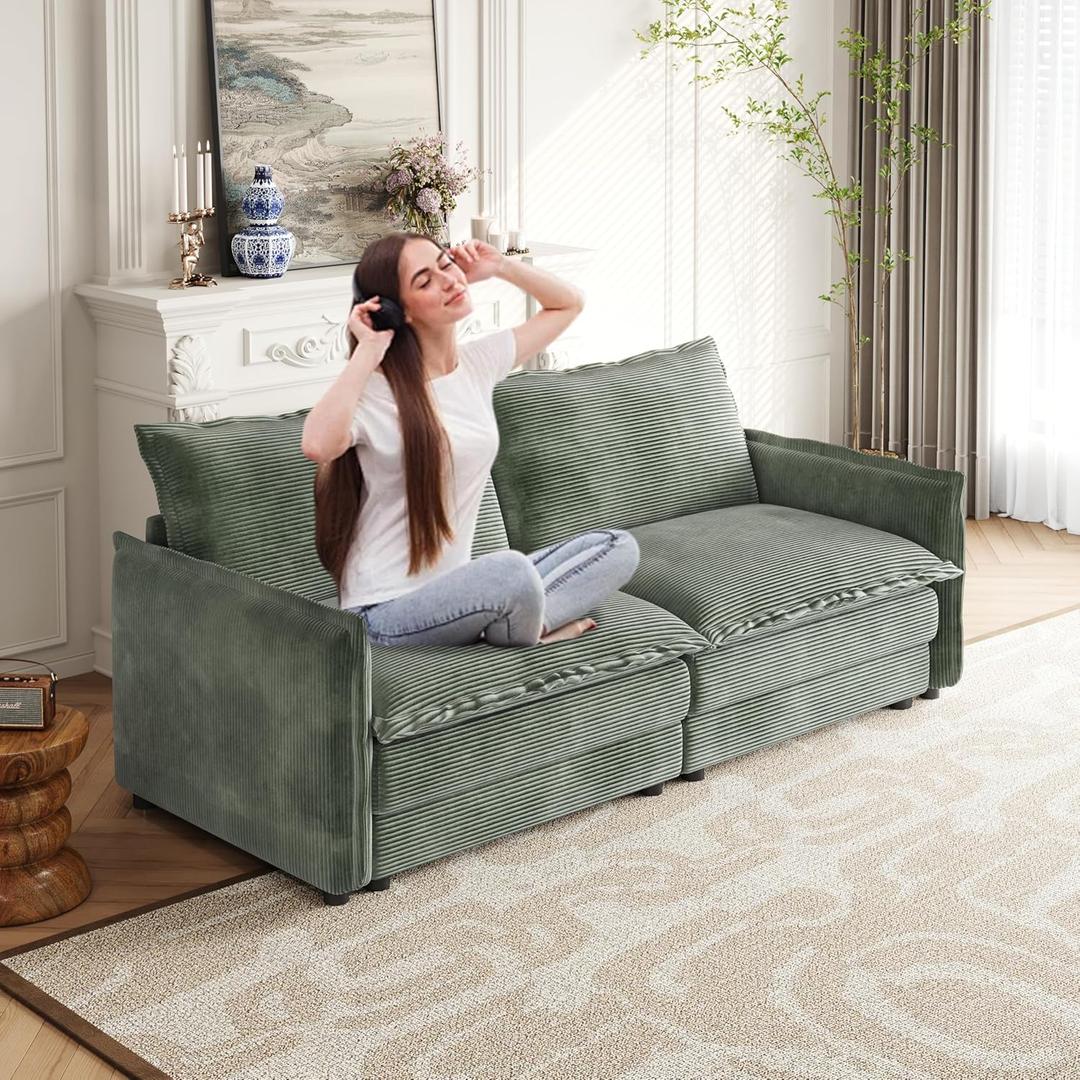 KEIKI 75" Corduroy Sofa Cloud Couch, Upholstered Deep Plush Loveseat, 2 Seat Couch with Tufted Backrests for Living Room Bedroom Office Apartment, Green
