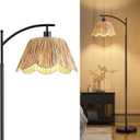 Oneach Arc Floor Lamp for Living Room,Rattan Boho Floor Lamp with Hand-Woven Shade, Foot Switch,Black Metal Base & Pole,Farmhouse Standing Lamp for Bedroom Corner,Reading