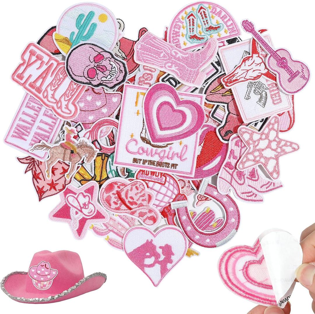 32PCS Western Patches Self-Adhesive for Cowgirl Hats Pink Trucker Hat Embroidered Patches for DIY Accessories Vintage Theme Stick on Patches for Clothing Backpacks Caps Dress Jackets Shirts