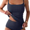 Eomenie Women's Swimsuit Tankini Tummy Control Bathing Suits Two Piece Full Coverage Slim Swim Suits with High Waisted Bottom (Large, Dark Blue-ribbed)