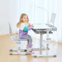 Diroan Kids Functional Desk and Chair Set, Ergonomic Height Adjustable Children School Study Desk with Tilt Desktop, Book Stand, LED Light, Metal Hook and Storage Drawer for Boys Girls(Grey), Large
