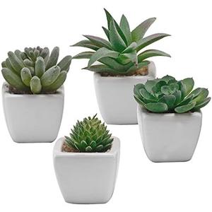 MyGift Miniature Assorted Artificial Green Faux Succulent Plants Potted in Square White Ceramic Planter Pots, Set of 4