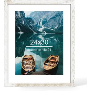 Hongkee 24x30 Frame, Distressed White Wood Style - Display Posters 18 x 24 with Mat or 24x30 without Mat, Wall Mounting Horizontal and Vertical, 1 Pack