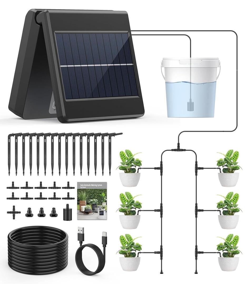 Auto Watering System for Vacation - Solar Drip Irrigation Kit with 30-Day Timer, Leakproof Tubing & Silent Alarm, DIY Indoor/Outdoor Plant Care Solution up to 15 Pots