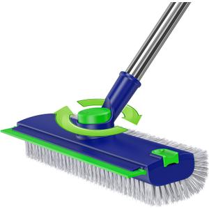 Floor Scrub Brush with Long Handle: 3 in 1 Heavy-Duty Floor Scrubber Brush with Squeegee for Cleaning Tile Bathroom Deck Kitchen Patio - Blue