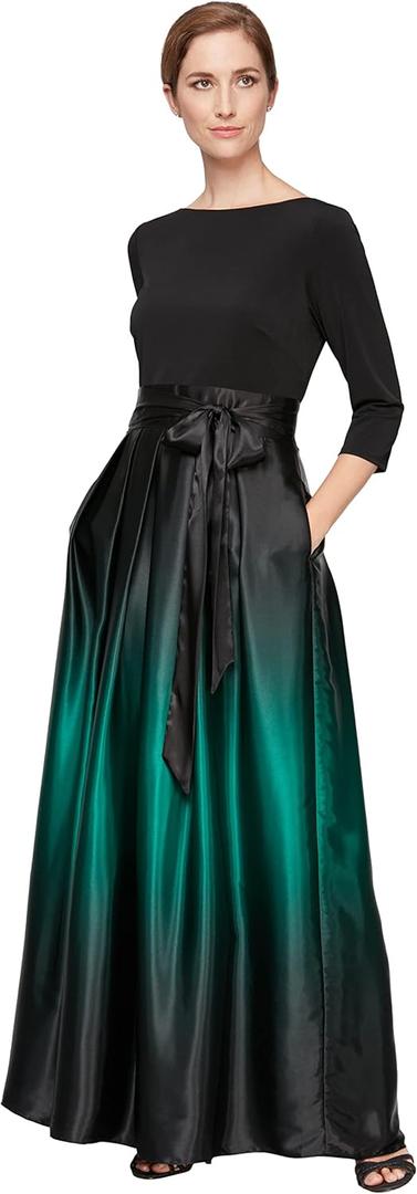 S.L. Fashions Womens 3/4 Sleeve Long Satin Mother of The Bride Dress with Pockets, Formal Party Gown (12 Petite, Black and Green)