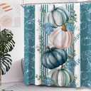 Blue Teal White Fall Pumpkin Shower Curtain Sets for Bathroom 60Wx72H Eucalyptus Leaves Shower Curtain Thanksgiving Autumn Bathtub Curtain Flower Holiday Flower Floral Boho Bathroom Decor