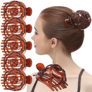 RC ROCHE 6 Pcs Hair Bun Maker Clip for Women Updo Holder Ballet French Claws Bird Nest Pieces Tools Accessories Plastic Shell Round Dome, Large Brown