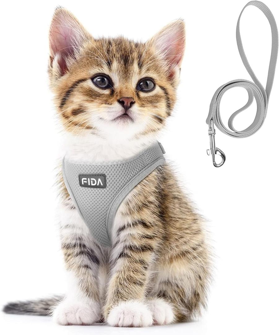 Fida Cat Harness and Leash Set for Walking Kitten and Puppy, Escape Proof Kitten Harness with Breathable Lightweight Soft Mesh, Adjustable Reflective Step-in Design for Kitten and Puppy.(XXXS, Grey) (XXXS (Neck:10.2"-11.4"; Girth:11.4"-12.6"))