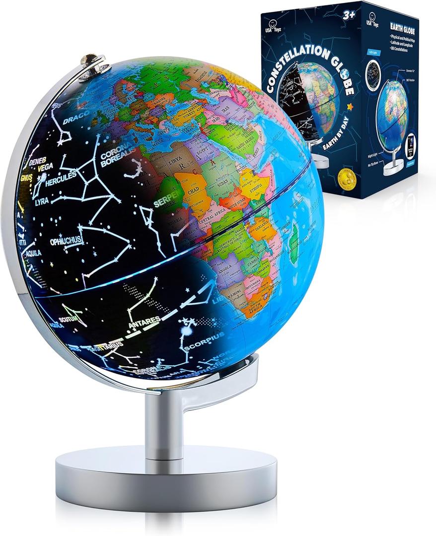USA Toyz Illuminated Globe for Kids Learning- 3-in-1 STEM Globes of the World with Stand, Constellation Map, Built-in LED Night Light Desk Globe Lamp, Non-Tip Metal Base, 9.75 Tall, 7 Inch Diameter