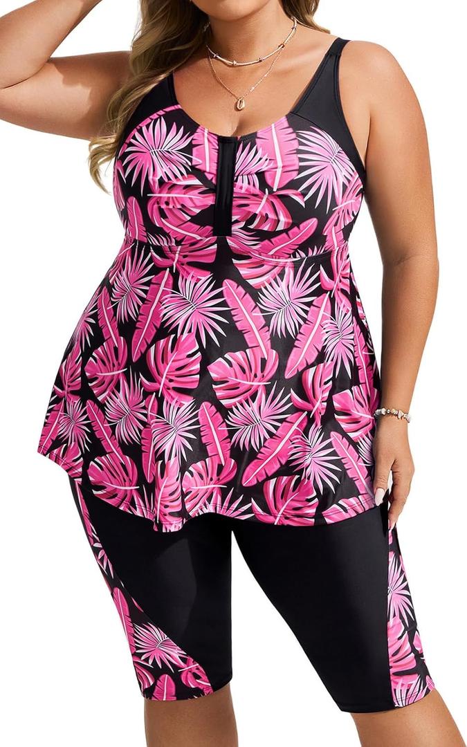 Hanna Nikole Women's Plus Size Tankini Swimsuits Two Piece Bathing Suit Flowy Rash Guard Swimwear with Capris Shorts 28 Plus Rose Pink Leaves
