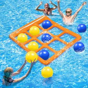 TicTac Shot Pool Toys Games Set- Tic-Tac-Toe Inflatable Pool Toy with 10 Balls - for Adults Teens Kids 2-10 Players (Orange)