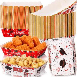 Blushtier 60 Pcs 2026 Red Graduation Paper Food Trays Congrats Grad Disposable Plates Food Holder Nacho Hot Dogs Popcorn Snacks Serving Boats for Graduation Party Decorations Supplies
