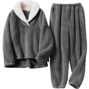 Arssm Mens Fluffy Pajamas Set 2 Piece Fleece Pjs Loose Plush Winter Warm Cozy Loungewear Sleepwear (Gray, M)