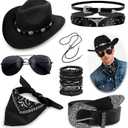 Cowboy Costume Outfit for Men Western Cowboy Hat With Hat Bands Bandana Buckle Belt Cowboy Halloween Accessories Set (Black)