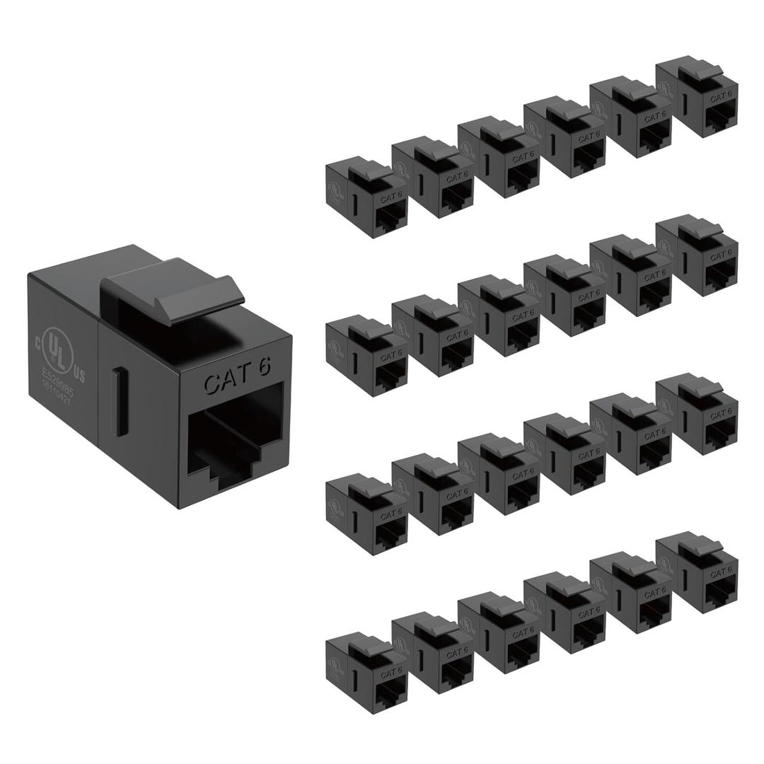 Tecmojo UL Listed Cat6 Keystone Coupler, 1000 Mbps RJ45 Ethernet Jack, Female to Female, Slim Design for Patch Panels & Wall Plates, Black (25-Pack)