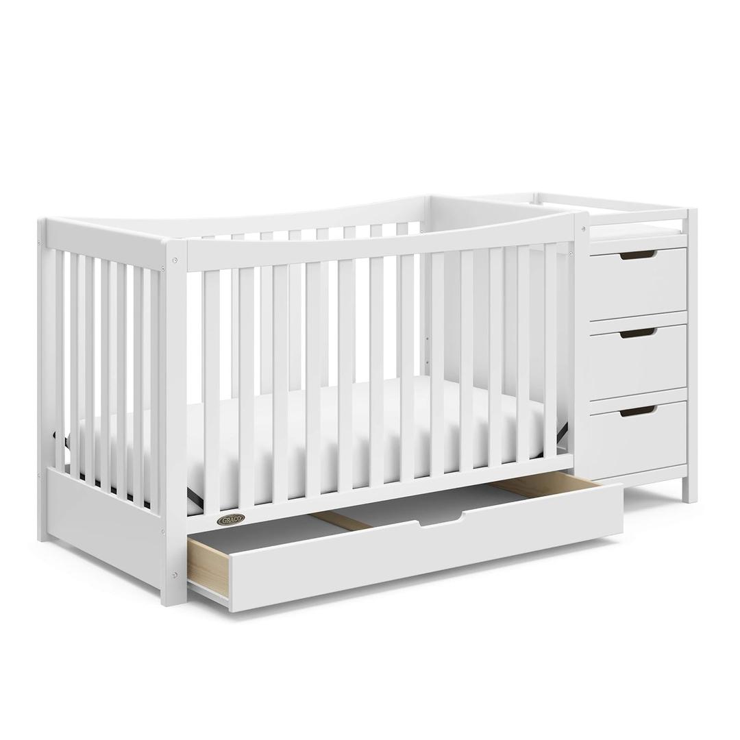 Graco Remi 4-in-1 Convertible Crib & Changer (White)  GREENGUARD Gold Certified, Fits Standard Crib Mattress, Converts to Toddler Bed and Full Bed, 4 Adjustable Mattress Heights