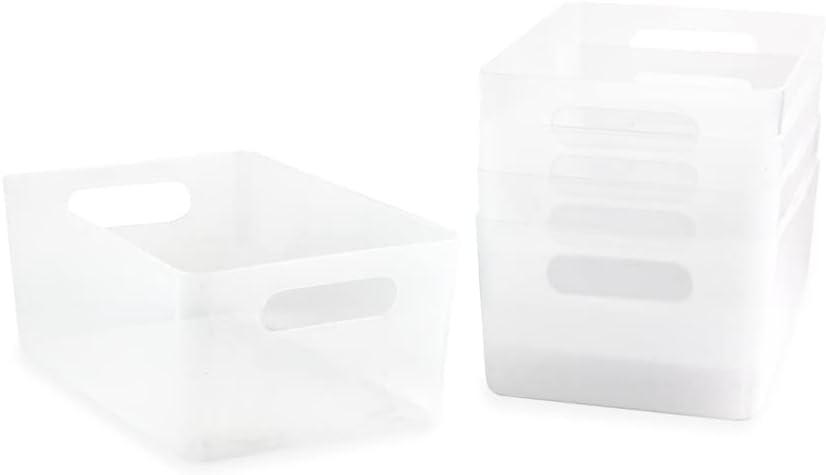 Isaac Jacobs 5-Pack Medium Clear Storage Bin (9.5 x 6.5 x 4) Set w/Cut-Out Handles, Plastic Organizer, Multi-Use, Home, Office, Pantry, Closet, Kitchen