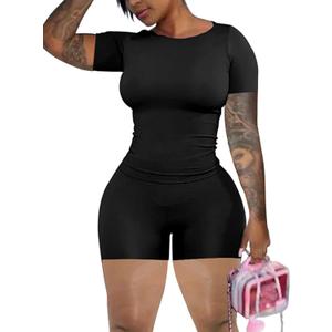 chicyes Lounge 2 Piece Sets For Women Summer Gym Two Piece Outfits Workout Plus Size Set Matching Shorts Clothes (Small, Black)