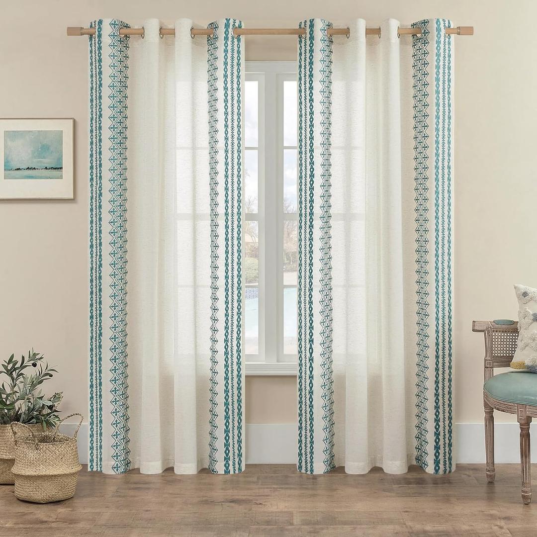 Curtains 108 Inches Long 2 Panels Sets for Living room Bedroom Grommet Light Filtering Bohemian Curtains Flax Drapes Dining Room Large Window Privacy Farmhouse Decor, 52x108 Inch Length, Teal Blue