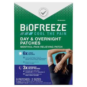 Biofreeze Day & Overnight Pain Relief Patches, Menthol Pain Patches for Arthritis & Muscle Pain Relief, Comfortable & Flexible Fabric Stays in Place, FSA/HSA Eligible, 9 Patches (6 Day, 3 Night) (9 Count (Pack of 1)) Exp 10/2026